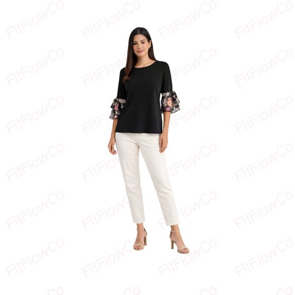 7th Avenue Design Studio – New York & Company Tops - 7th Avenue Design Studio Black TopXS Floral Ruffle Bell Sleeve Bow Stretch top